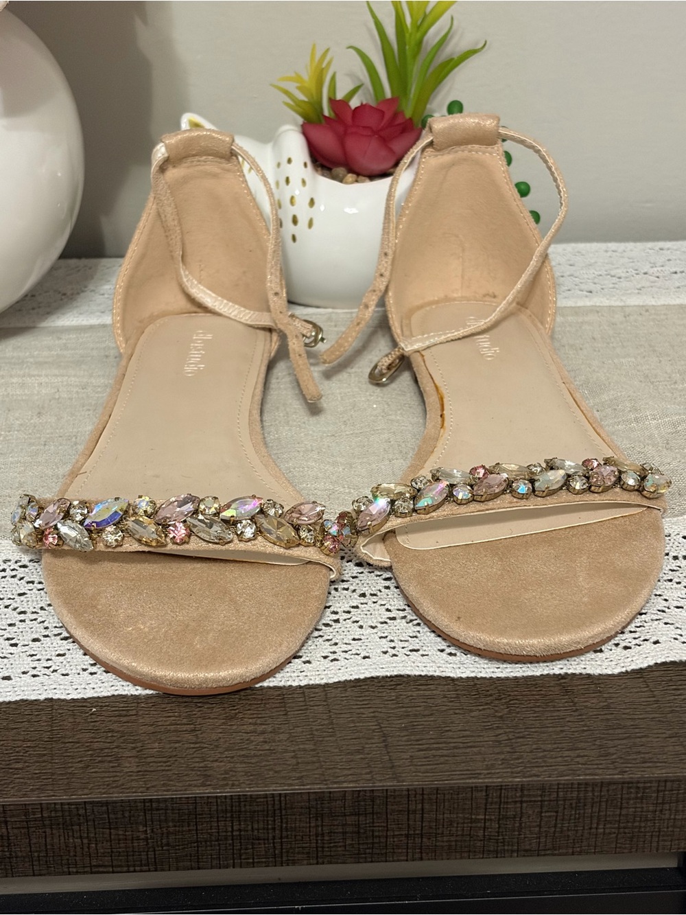 Embellished Nude Ankle-Tie Flat Sandals